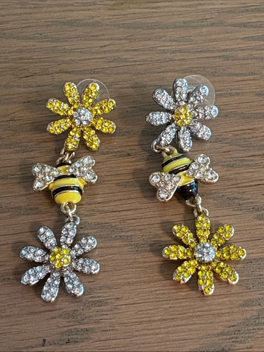 Betsey Johnson Yellow & Clear Bee & Daisy Drop Earrings - Gold & Silver Tone
